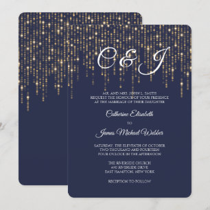 Invitation Lumières Or, Bleu Minuit, Mariage Élégant