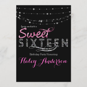 Invitation Lumières Pailletées Glamour Fête SWEET 16 Rose Noi