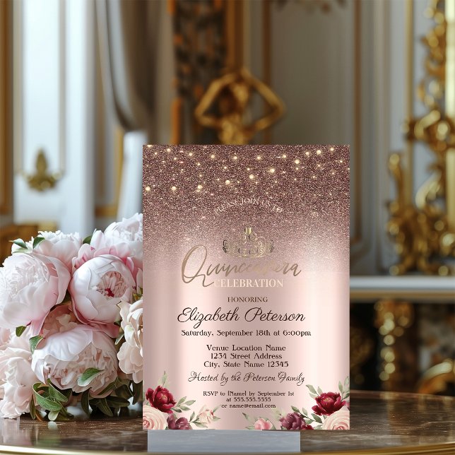 Invitation Lumières, Paillettes bordeaux, Quinceañera or rose (Créateur téléchargé)