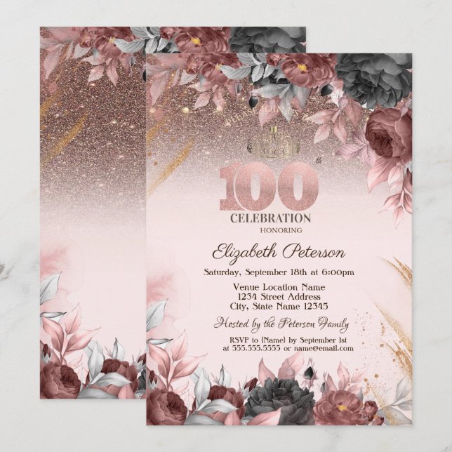 Invitation Lumières, Parties scintillant Fleurs Chic 100e ann (Devant / Derrière)