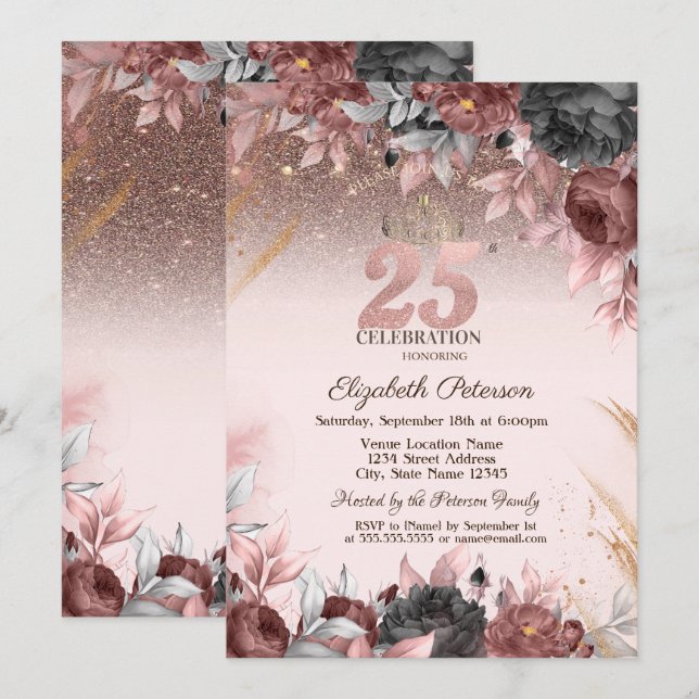 Invitation Lumières, Parties scintillant Fleurs Chic 25e anni (Devant / Derrière)