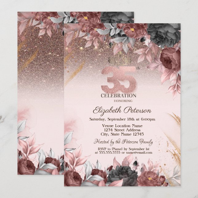 Invitation Lumières, Parties scintillant Fleurs Chic 35e anni (Devant / Derrière)