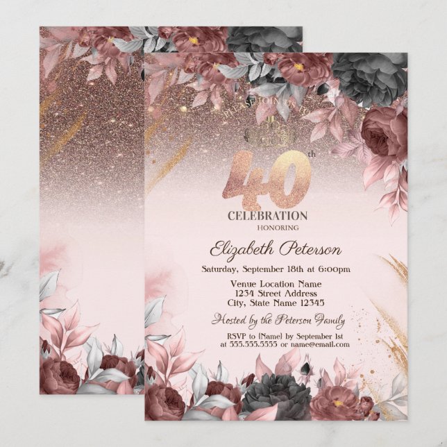 Invitation Lumières, Parties scintillant Fleurs Chic 40e anni (Devant / Derrière)