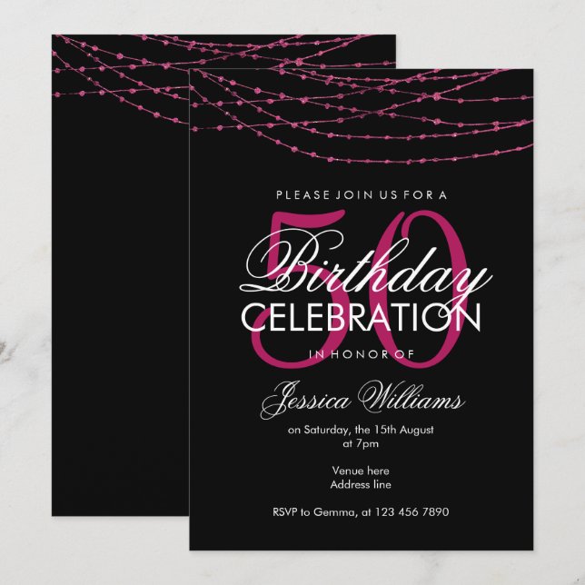 Invitation Lumières rose glamour 50e anniversaire (Devant / Derrière)