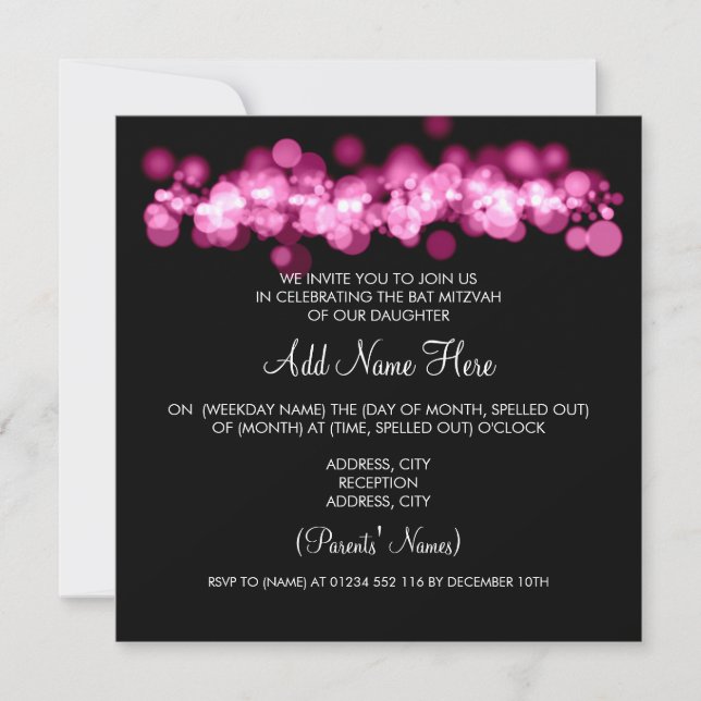 Invitation Lumières roses de Bokeh de bat mitzvah (Devant)