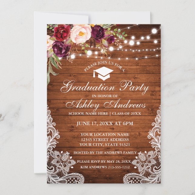 Invitation Lumières Rustique Bois Dentelle Bourgogne Invitati (Devant)