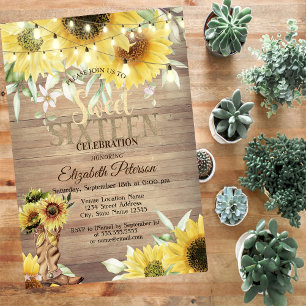 Invitation Lumières Tournesols Rustiques Bois Douce 16