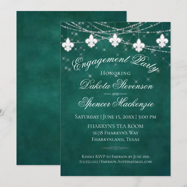 Invitation Lumières vertes Fleur de Lis | Bold Engagement Par (Devant / Derrière)