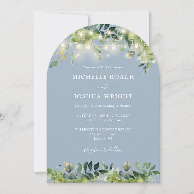 Invitation Lumières vertes Monogramme Dusty Mariage bleu (Devant)