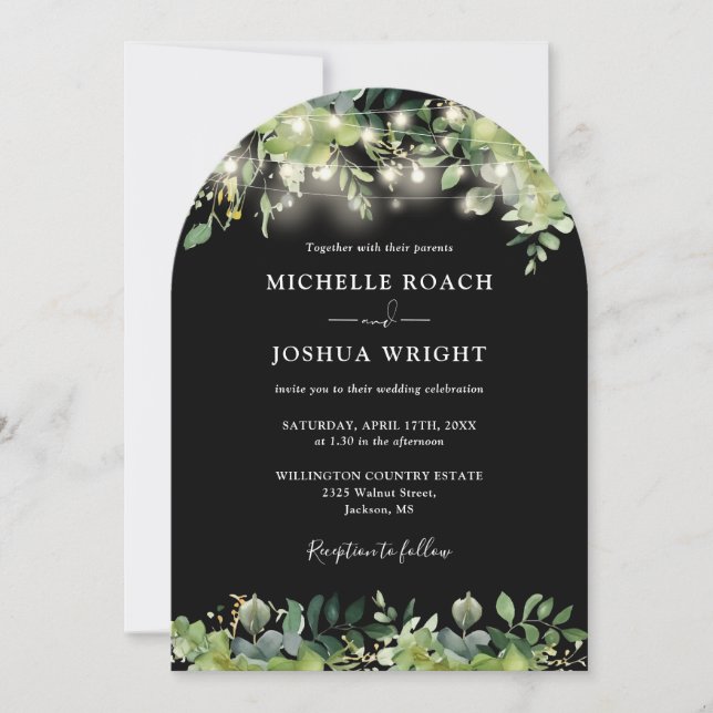 Invitation Lumières Vertes Monogramme Mariage noir et blanc (Devant)