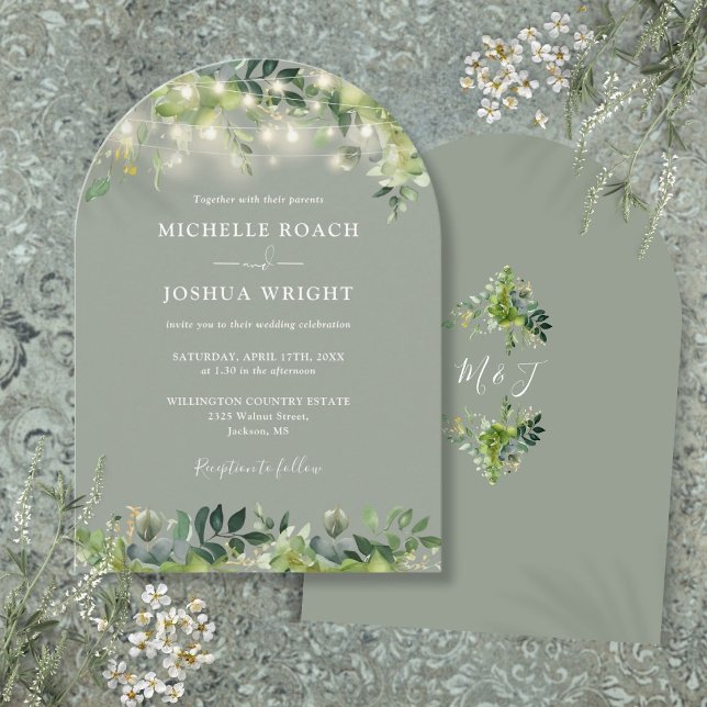 Invitation Lumières vertes Monogramme Sage Mariage vert (Greenery Lights Monogram Sage Green Wedding Invitation)