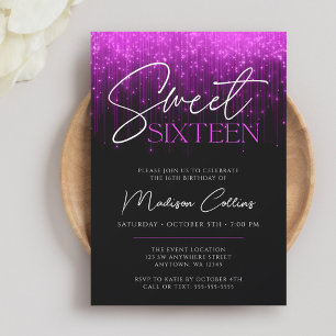 Invitation Lumières violettes Sweet 16 noir