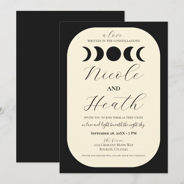 Invitation Lunar Luxe Black & Cream Moon Mariage (Devant / Derrière)
