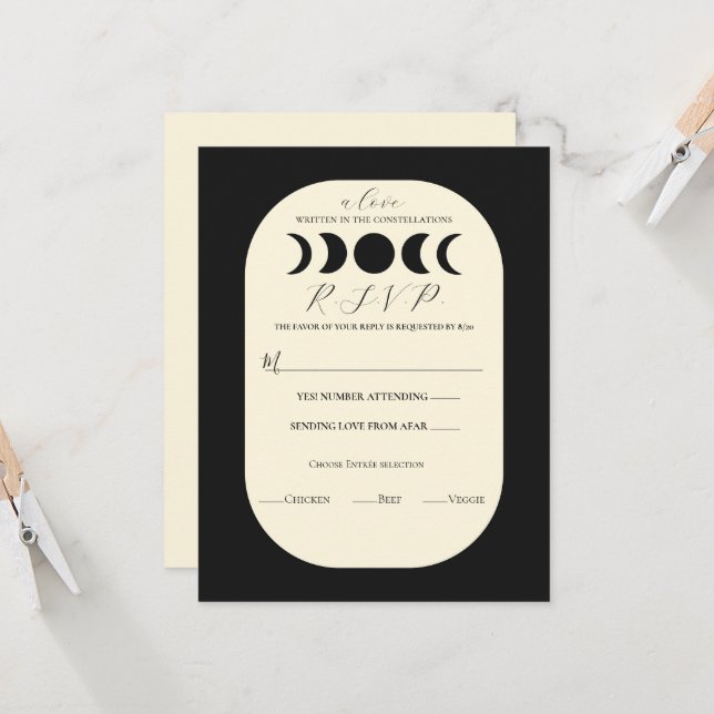 Invitation Lunar Luxe Black & Cream Moon Phase Wedding RSVP (Devant/Arrière en situation)