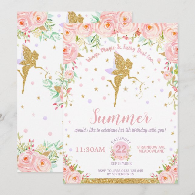 Invitation Lunatique floral d'anniversaire de rose féerique (Devant / Derrière)