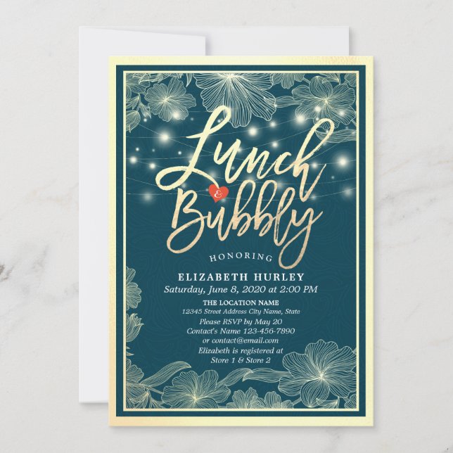 Invitation Lunch & Bubbly Fête des mariées Blu Gold Floral Li (Devant)
