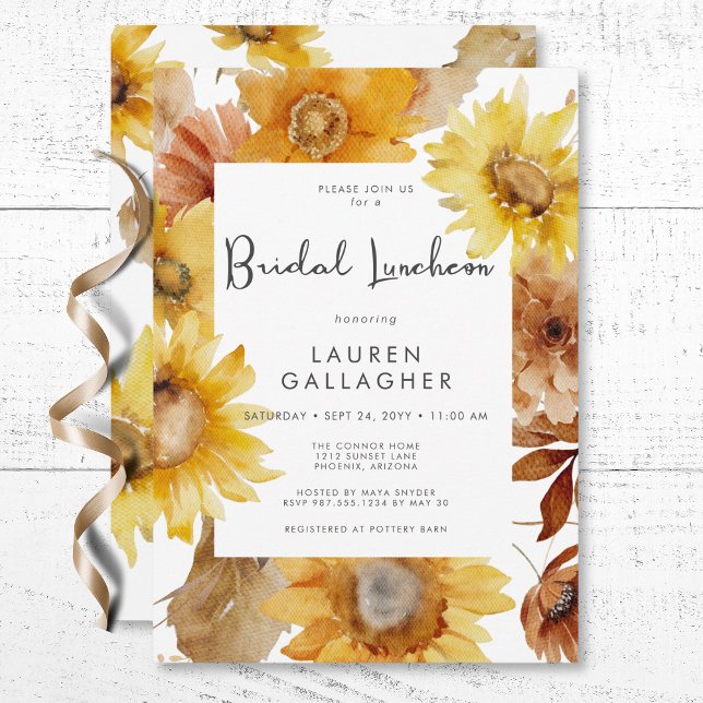 Invitation Luncheon nuptial de tournesol floral d'automne mod (Modern Fall Sunflower Floral Frame Bridal Luncheon Invitation)