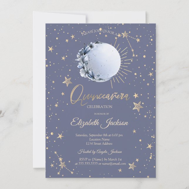 Invitation Lune Bleue, Étoiles Fleur Pastel Quinceanera (Devant)