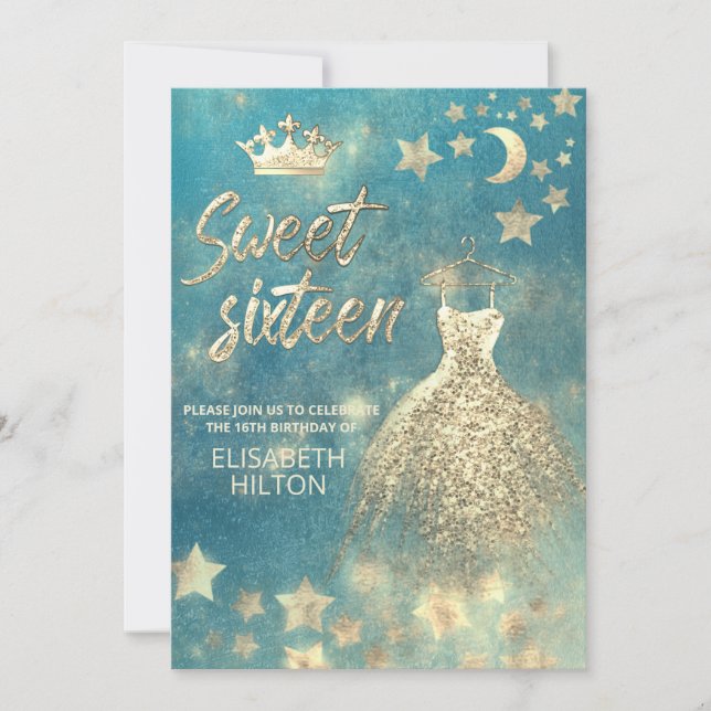 Invitation Lune céleste cool bleue et étoiles sweet sixteen (Devant)