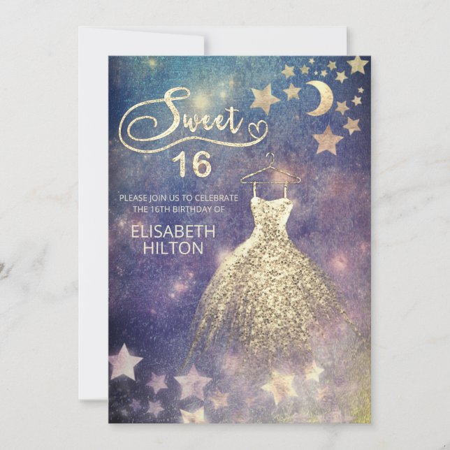 Invitation Lune céleste et étoiles calligraphie sweet sixteen (Devant)