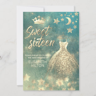 Invitation Lune céleste et étoiles calligraphie sweet sixteen