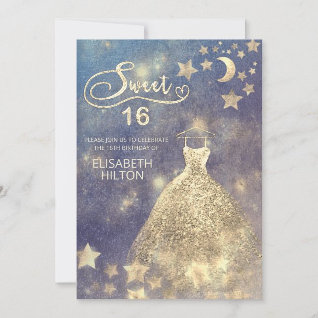 Invitation Lune céleste et étoiles calligraphie sweet sixteen (Devant)