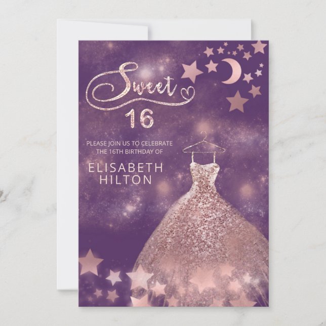 Invitation Lune céleste et étoiles calligraphie sweet sixteen (Devant)
