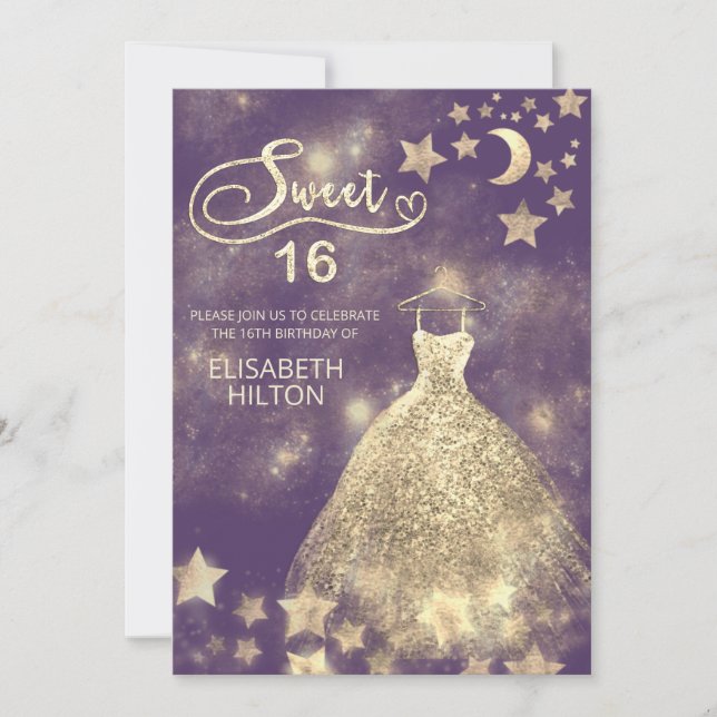 Invitation Lune céleste et étoiles calligraphie sweet sixteen (Devant)