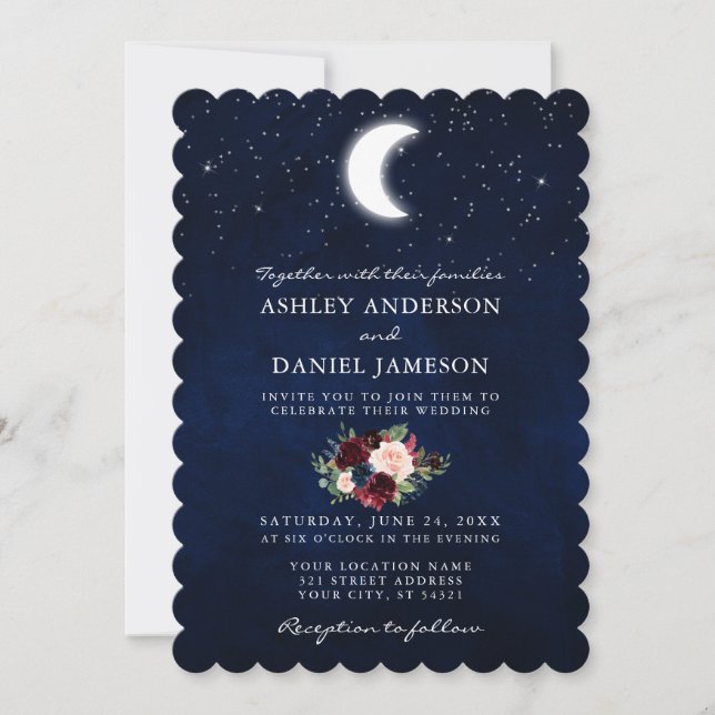 Invitation Lune céleste et étoiles Mariage floral (Devant)