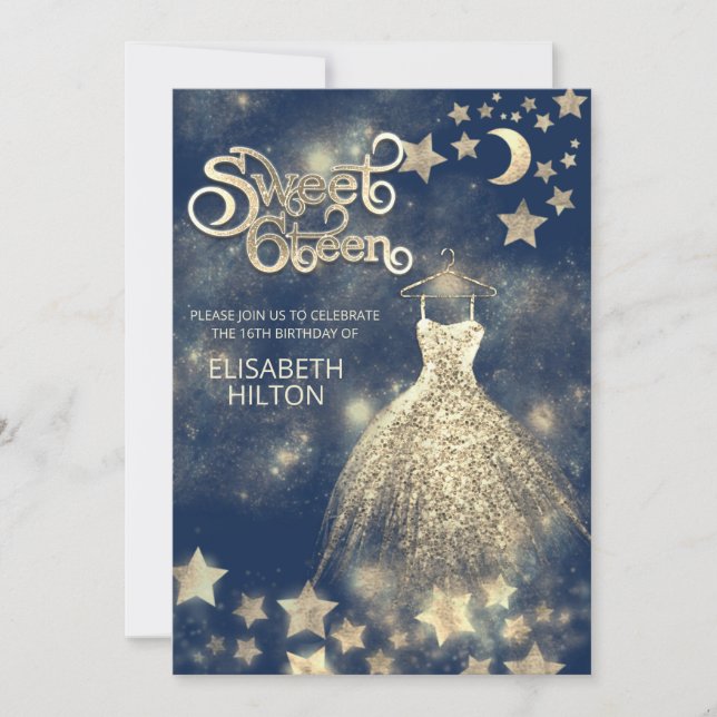 Invitation Lune céleste et étoiles typographie sweet sixteen (Devant)