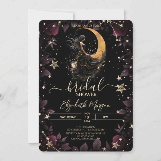 Invitation Lune céleste, Fille, Étoiles Fleurs Fête des marié (Devant)