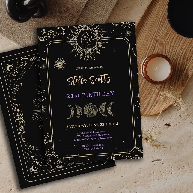 Invitation Lune céleste mystique noire 21e anniversaire (Black Mystic Celestial Moon 21st Birthday Invitation)
