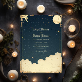Invitation Lune céleste vintage et étoiles Mariage mystique
