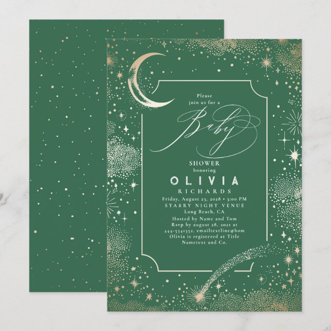Invitation Lune de nuit étoilée Baby shower céleste mystique (Devant / Derrière)