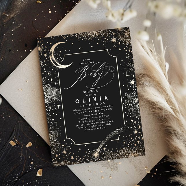 Invitation Lune de nuit étoilée Baby shower céleste mystique (Starry Night Black Baby Shower Invitations)