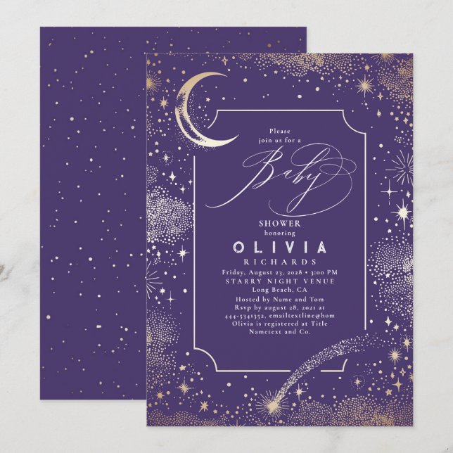 Invitation Lune de nuit étoilée Baby shower céleste mystique (Devant / Derrière)