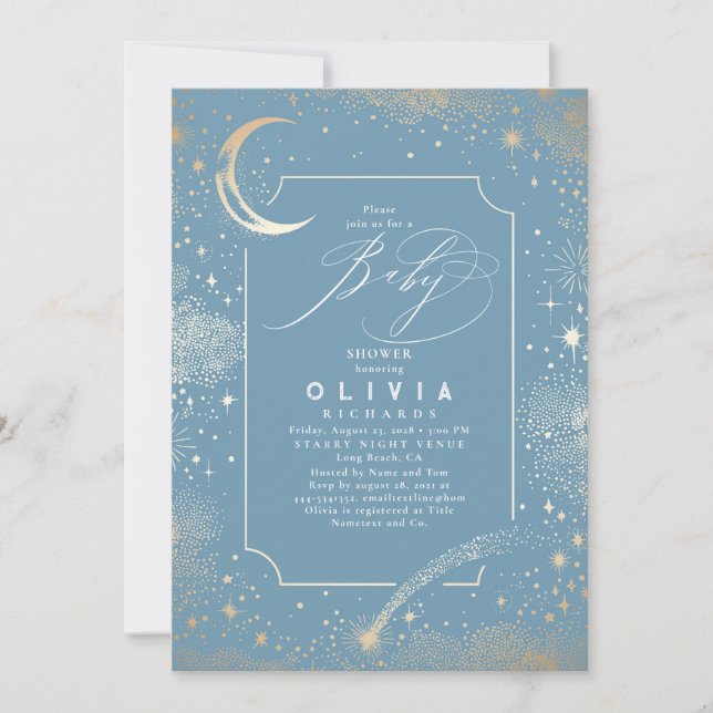Invitation Lune de nuit étoilée Baby shower céleste mystique (Devant)