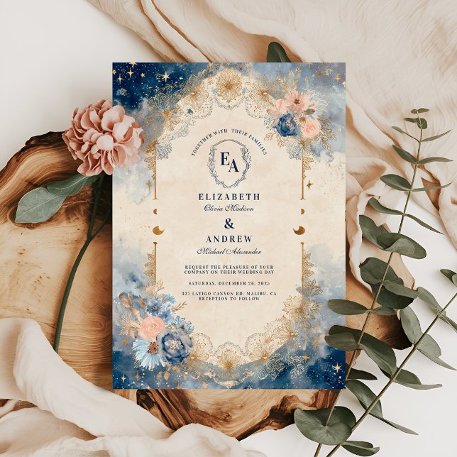 Invitation Lune de nuit étoilée et Mariage floral (Créateur téléchargé)