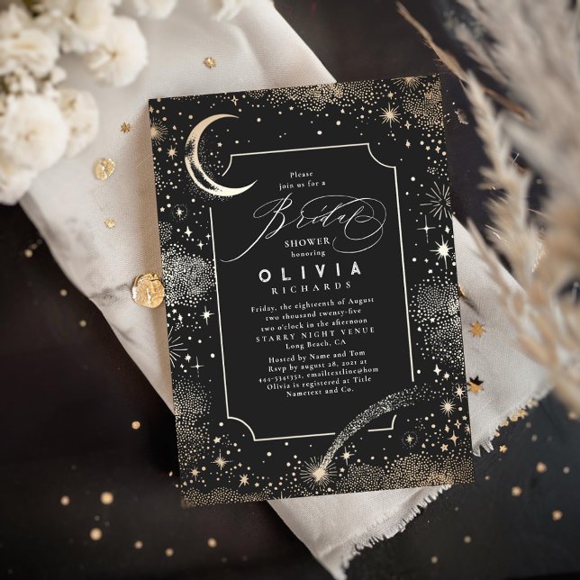 Invitation Lune de nuit étoilée Mystique Fête des mariées cél (Moon and Stars Black Bridal Shower Invitations)