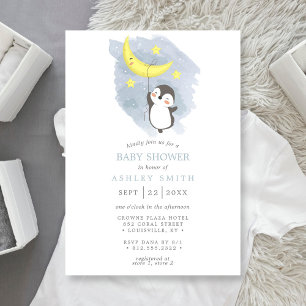 Invitation Lune de pingouin Hiver Lavis Bébé Naissance