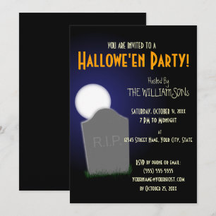 Invitation Lune d'Halloween sinistre et pierre tombale