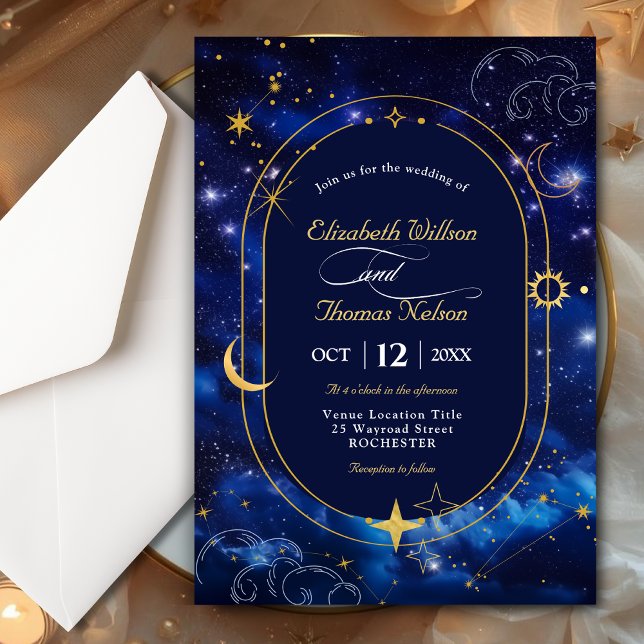 Invitation Lune d'or bleu mystique céleste astronomie mariage (Créateur téléchargé)