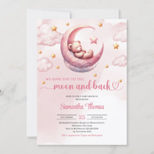 Invitation Lune et dos en peluche ours fille baby shower