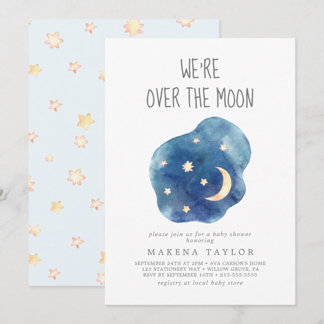 Invitation Lune et étoiles Baby Boy We're Over the Moon (Devant / Derrière)