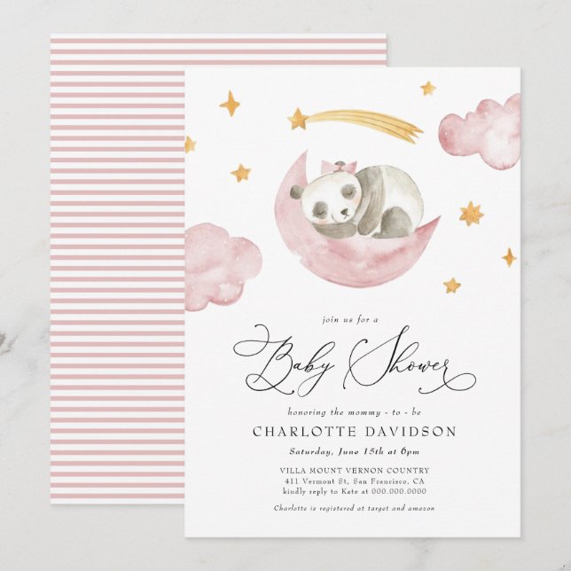 Invitation Lune et étoiles Bébé animal rose fille Baby shower (Devant / Derrière)