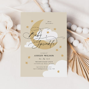 Invitation Lune et étoiles Beige Élégant Script Bébé Parsemer