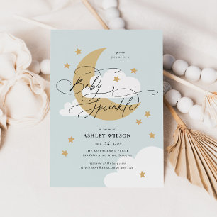 Invitation Lune et étoiles Bleu Élégant Script Bébé Parsemer