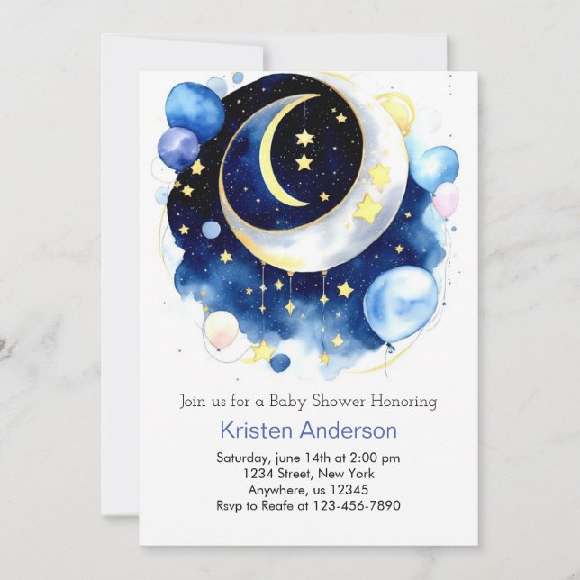 Invitation Lune et étoiles Celestial Blue Boy Baby shower (Devant)