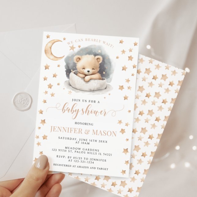Invitation Lune et étoiles dormir baby shower ours en peluche (Créateur téléchargé)