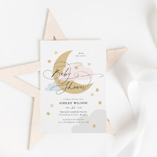 Invitation Lune et étoiles Matte Baby shower de script bleu r